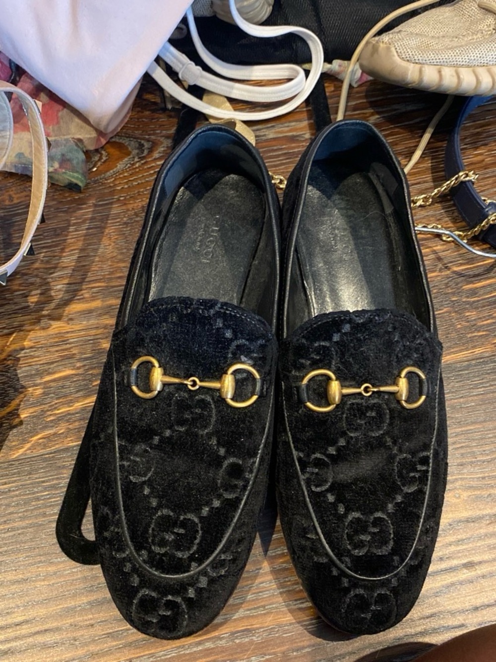 Gucci Black Velvet Horsebit Loafers with Gold Hardware